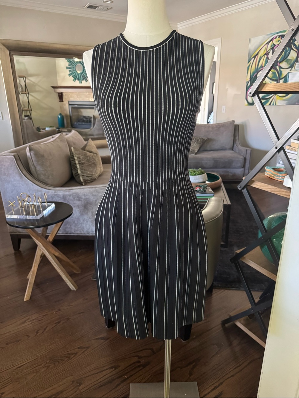 Theory Black Pinstripe Sleeveless Knit Fit-and-Flare Dress